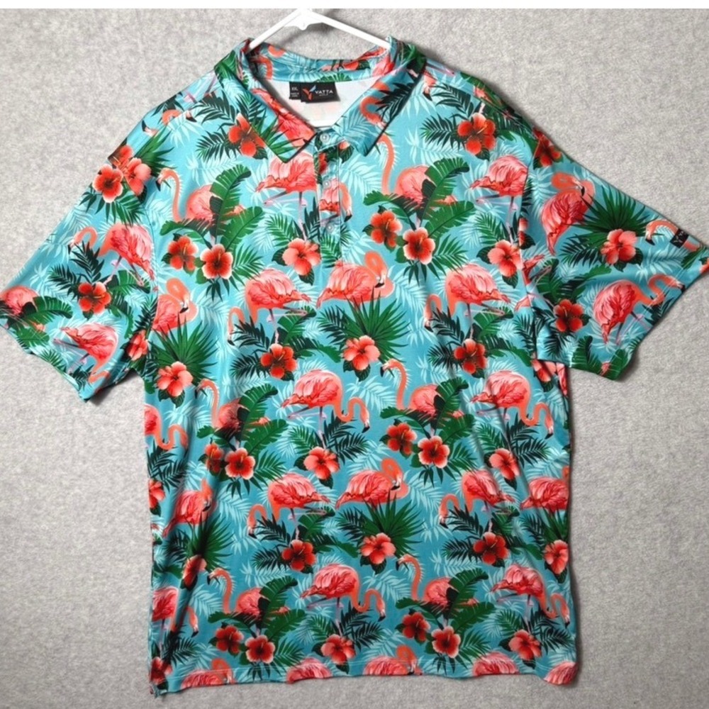 Yatta Golf Mens XXL Flamingo Hibiscus Tropical Floral Performance Polo Blue